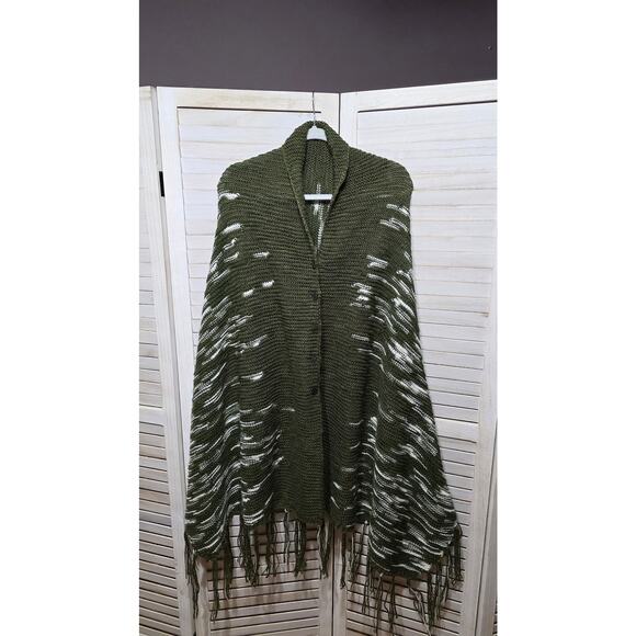 Olive Green Knit Fringe Shawl Poncho Wrap Boho One Size - Picture 2 of 6